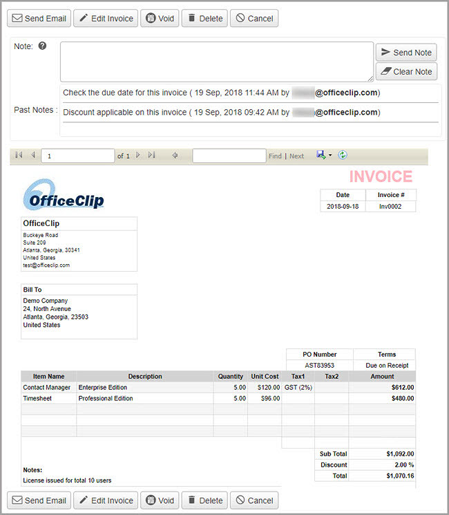 View, edit and send invoices using free contact manager software