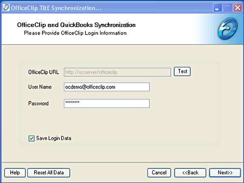 Login Screen for OfficeClip and Quickbooks Synchronization