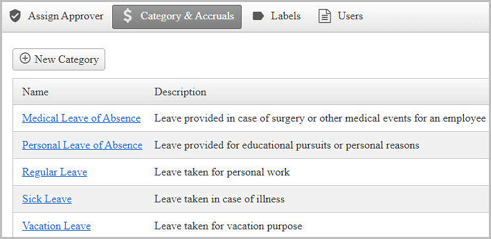 Various categories in time offs