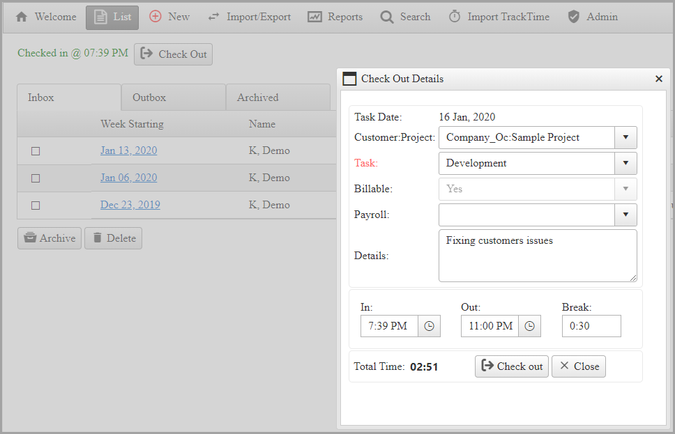 Timesheet check-in check-out