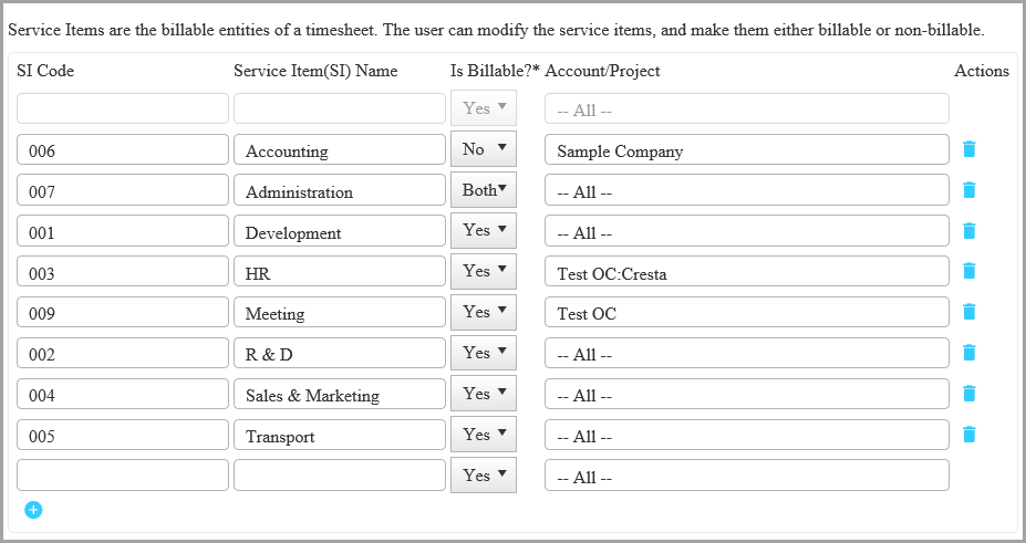 Set up service items