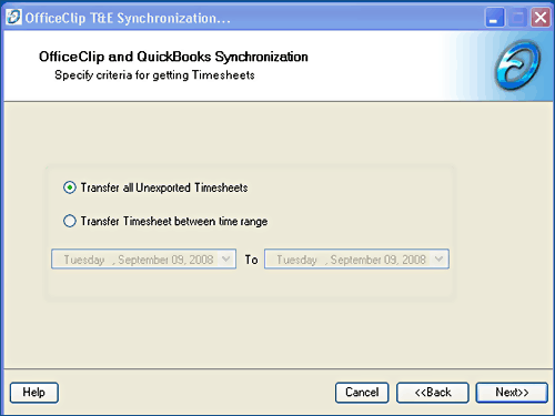 Sync Screen for exporting Timesheets to Quickbooks