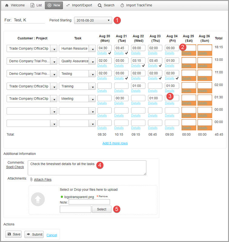 Creating new timesheet