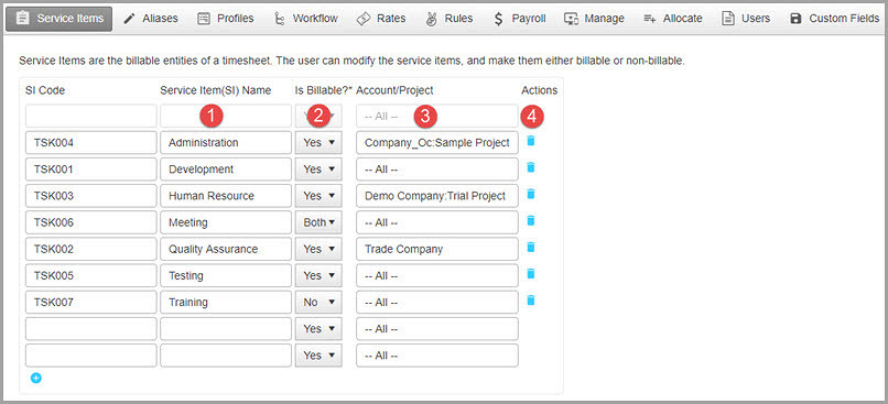 Timesheet service items