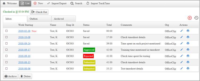 Timesheet screen