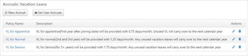 Various accrual policies defined for each leave category