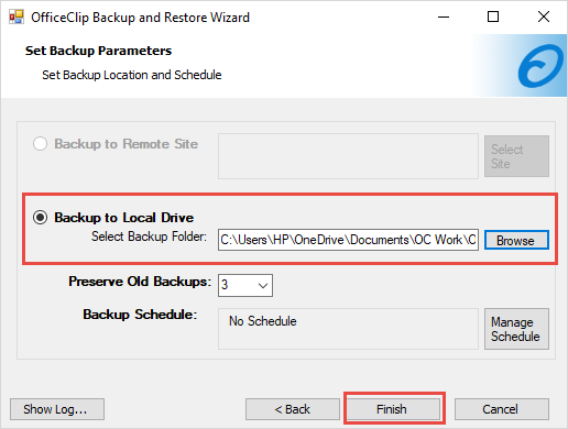 set backup parameters